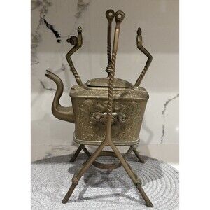 Antique BRASS TEAPOT ON STAND WITH ORIGINAL BURNER.  Tilting Tea Pot